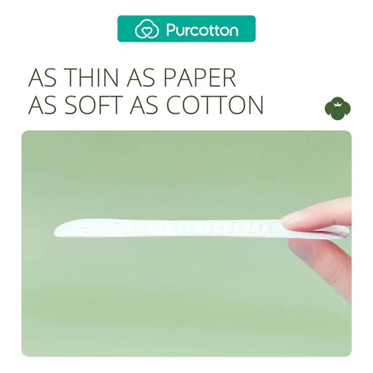 Purcotton MaxGuard Panty Liner 150mm held between fingers, showing ultra-thin, cotton-soft feel.