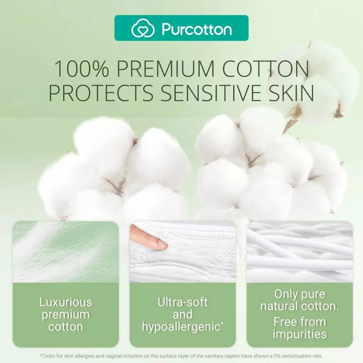 Purcotton MaxGuard Panty Liner 150mm-20 pads, luxurious premium cotton and ultra-soft, hypoallergenic fabric.