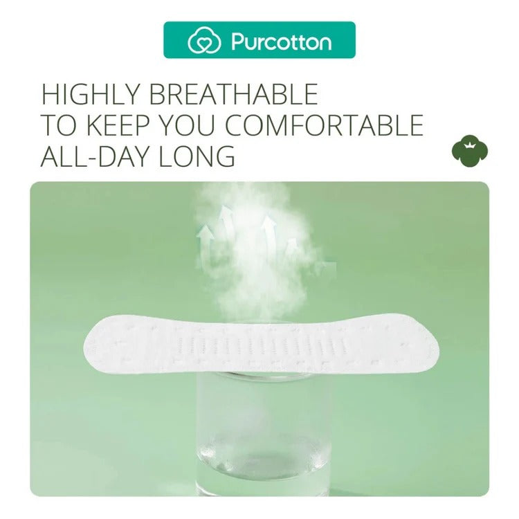 Purcotton MaxGuard Panty Liner 150mm, white, breathable, 20 pads, laid across a glass with rising steam.
