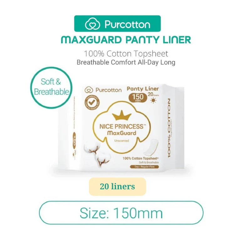 Purcotton MaxGuard Panty Liner 150mm, pack of 20 with soft, breathable cotton topsheet.