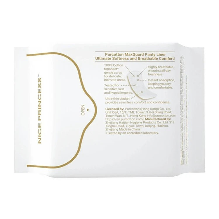 Purcotton MaxGuard Panty Liner 150mm 20Pads in white pouch with gold border and open tab.