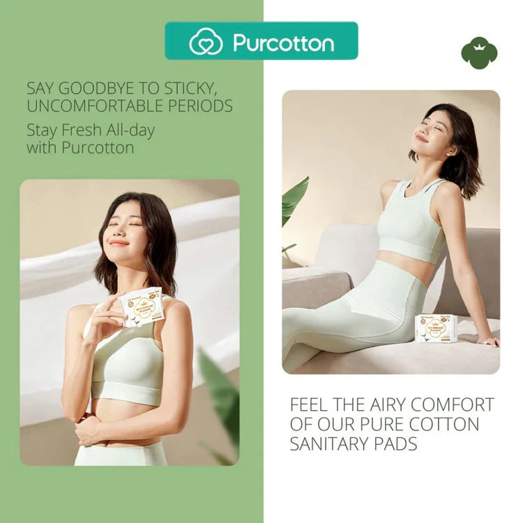 Purcotton MaxGuard Panty Liner 245mm, 16 pads: woman in mint activewear holds the liner package.