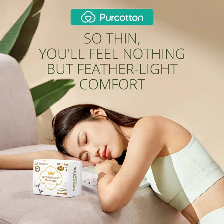 Purcotton MaxGuard Panty Liner 245mm, 16 pads; a woman rests beside the box in a calm, soft-bedroom scene.