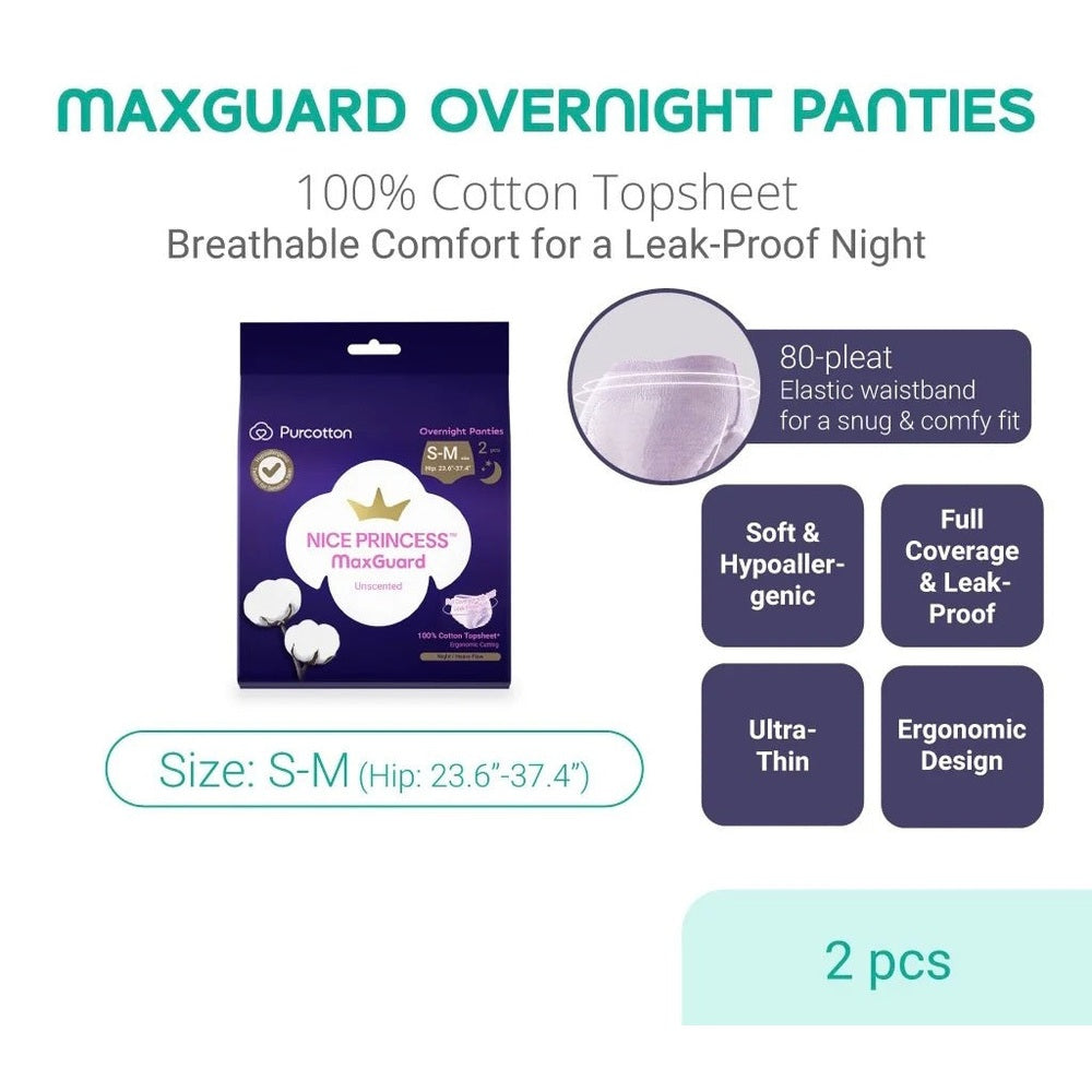 Purcotton MaxGuard Unscented Overnight Panties 2pcs in purple package; elastic waistband for a snug, leak-proof night.
