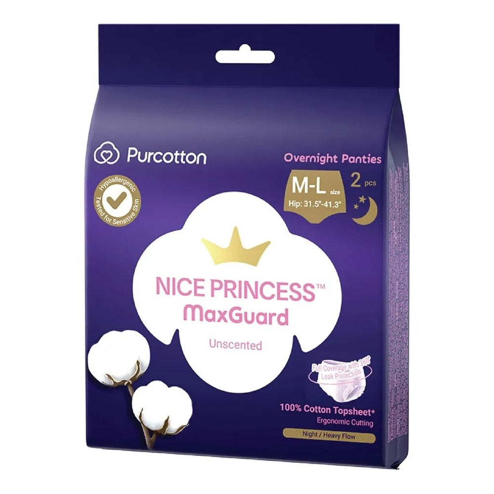 Purcotton Nice Princess MaxGuard Overnight Panties 2pcs in purple packaging, with cotton imagery and night leak protection badge.