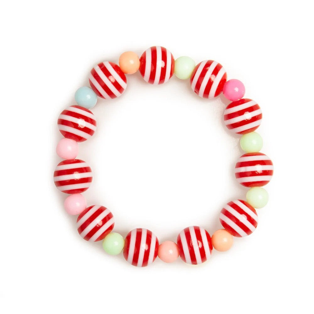 PUTTISU Bead Bangle 06 Sugarplum bracelet with red and white striped beads and pastel accents