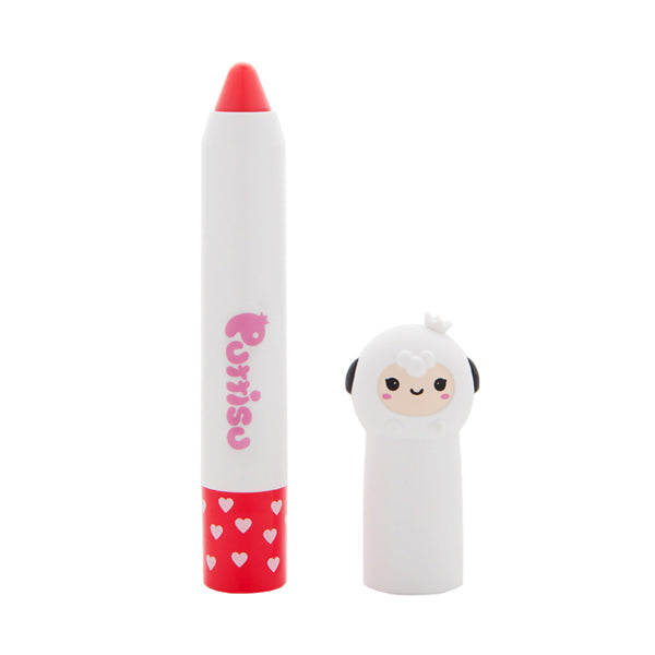 PUTTISU Butter Lip Crayon #05 Coco Cherry; white tube with red hearts, panda-cap accessory