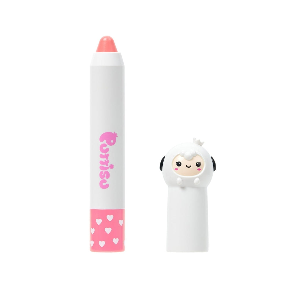 Puttisu Butter Lip Crayon #08 Strawberry in a white tube with pink heart-pattern base and animal-cap