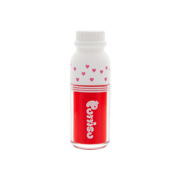 Puttisu Juicy Lip Gloss #01 Red Ruby bottle with white cap and pink heart pattern