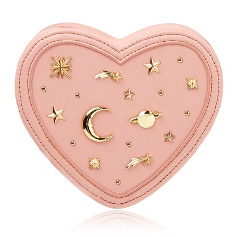 Puttisu My Bling Heart Bag pink heart-shaped purse with gold celestial stars and moon