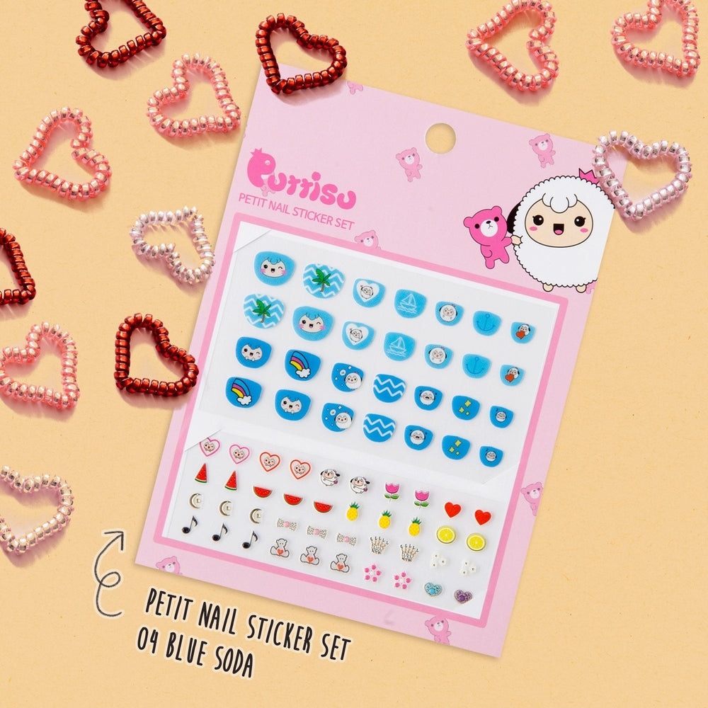 PUTTISU Nail Sticker Set 04 Blue Soda; blue ocean-themed and cute character decals on pink card.