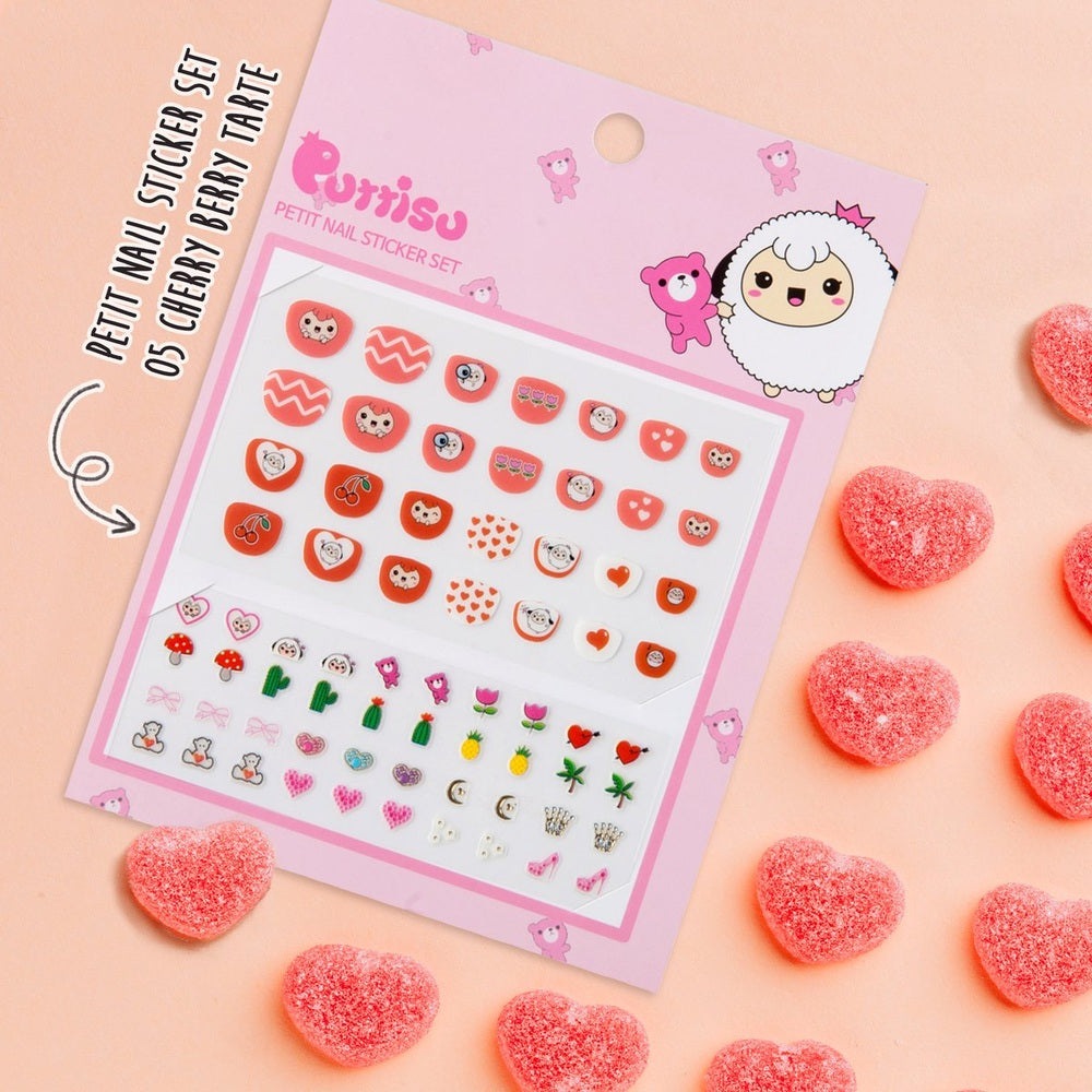 Puttisu Cherry Berry Tarte nail sticker set; pink packaging with mascots and multiple sheets of cherry and heart decals
