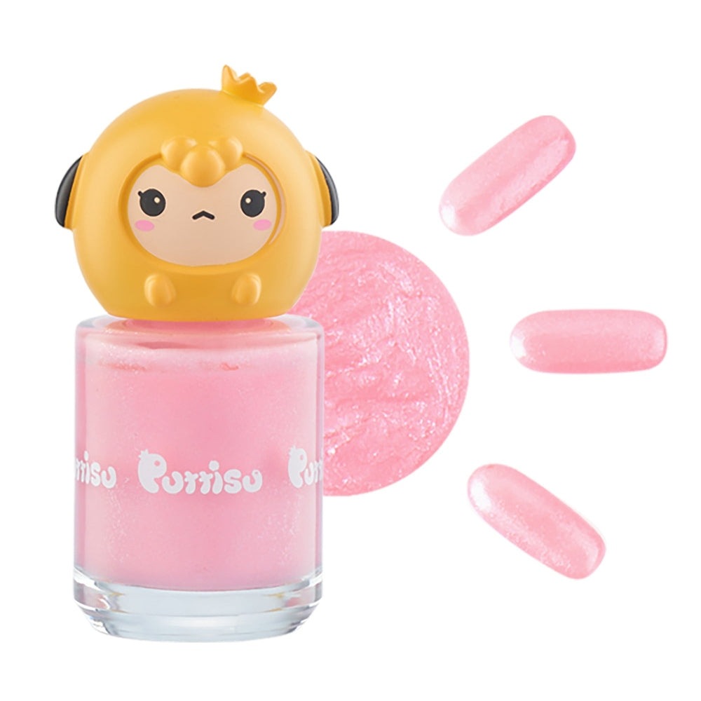 Puttisu Pangpang pink nail polish bottle with yellow chick cap and pastel pink decorations