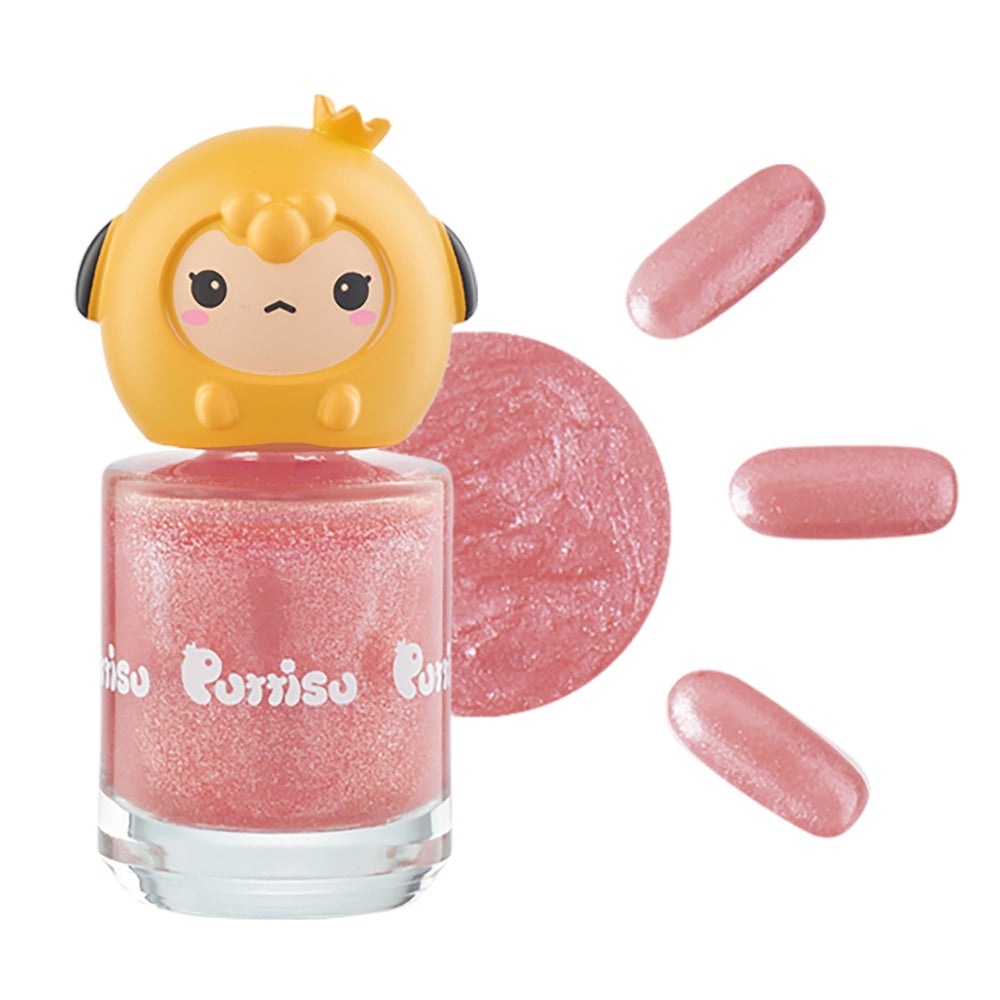 Puttisu Pangpang pink glitter nail polish bottle with yellow chick-cap figure, PUTTISU brand