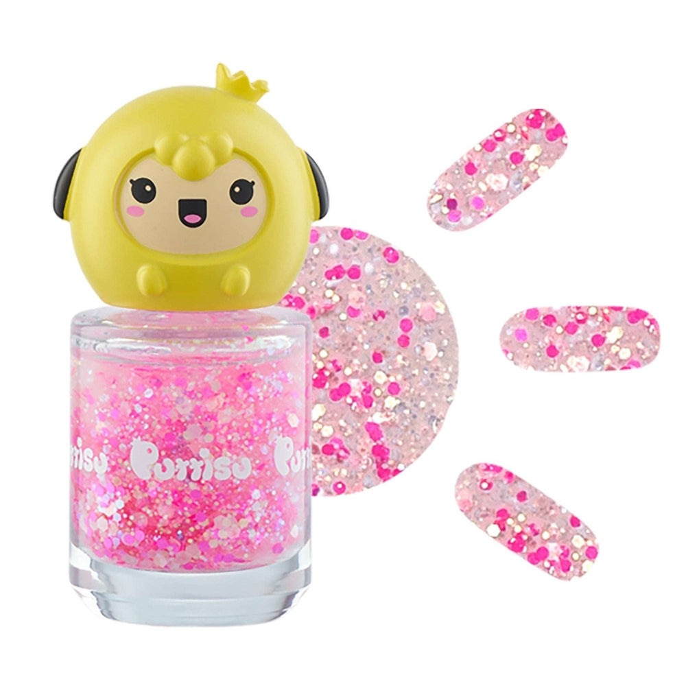Puttisu Pangpang nail polish bottle with pink glitter and yellow kawaii cap; includes glitter nail wraps