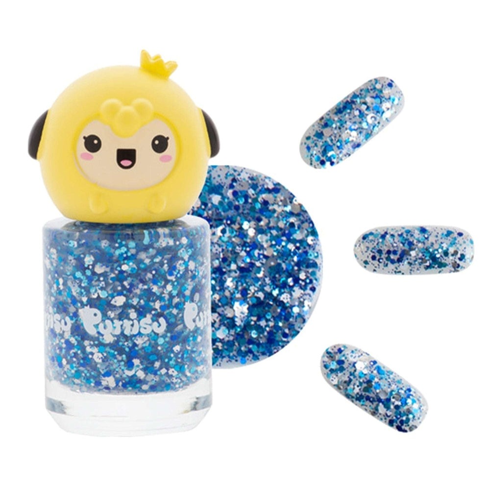 PUTTISU Pangpang blue glitter nail polish bottle with yellow panda cap and three blue glitter swatches