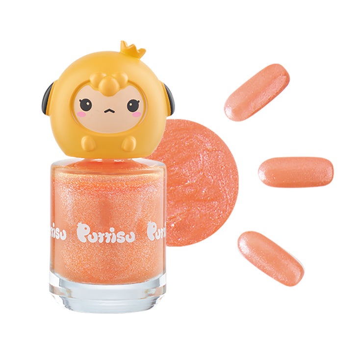 Puttisu Pangpang Nail Polish Bling Twinkle Orange bottle with yellow character cap and glittery orange polish