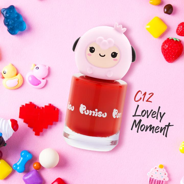 Puttisu Pangpang Nail Polish Color C12 Lovely Moment, red bottle with pink panda cap