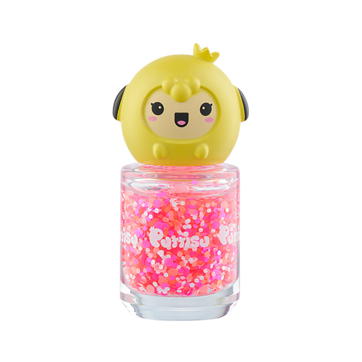 Puttisu Pangpang nail polish glitter Pink Festival with yellow chick cap topper and pink glitter