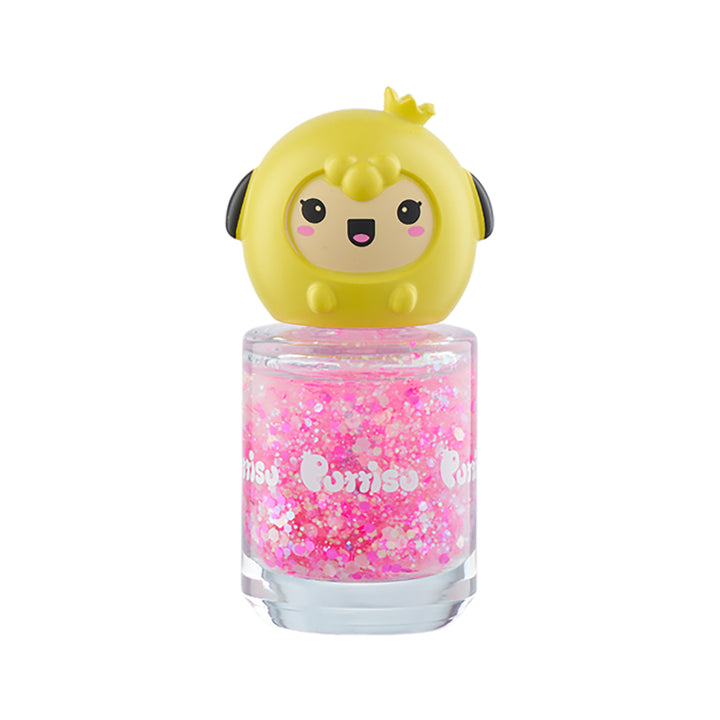 PUTTISU Pangpang glitter nail polish G014 in pink with a yellow chick cap bottle