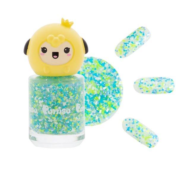 Puttisu Pangpang nail polish glitter G05 Emerald Pond bottle with yellow chick cap and blue-green glitter flakes
