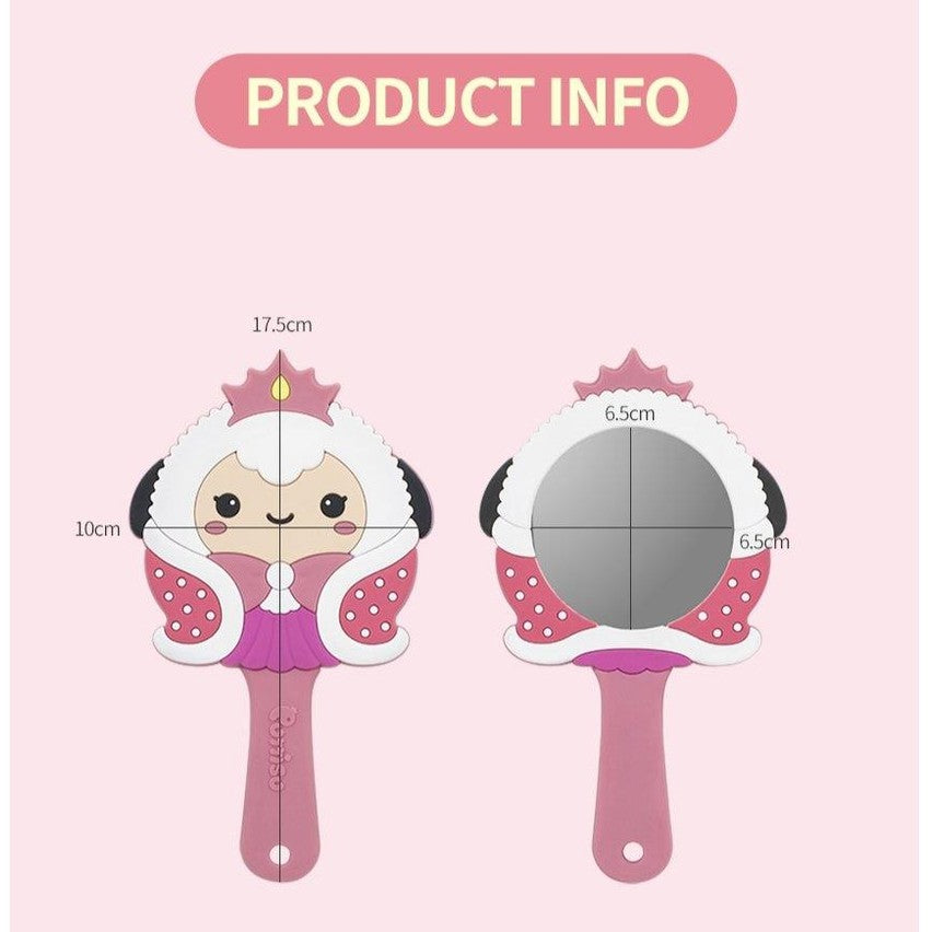 PUTTISU Princess Hand Mirror with pink handle and cartoon princess design, front and back views