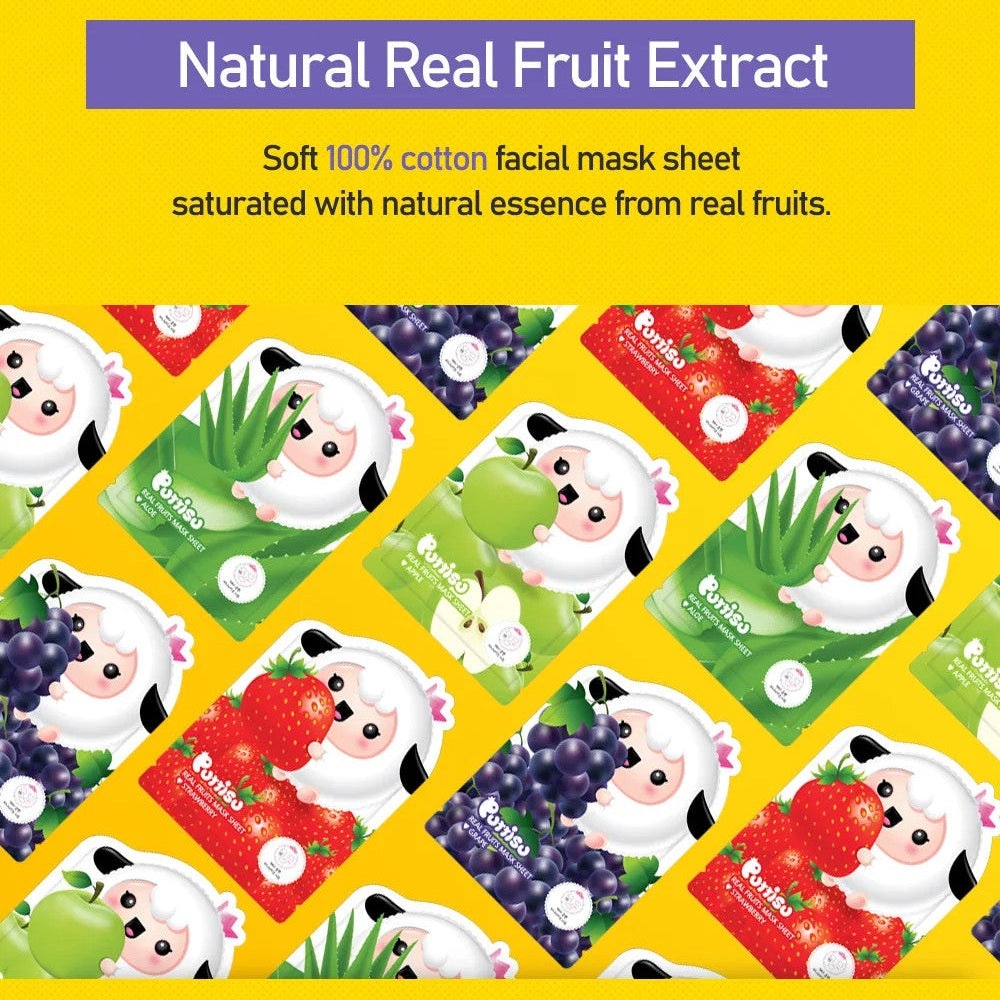 Puttisu Real Fruit Mask Sheet Apple facial masks, 100% cotton, assorted fruit-pack designs (multiple packs pictured)