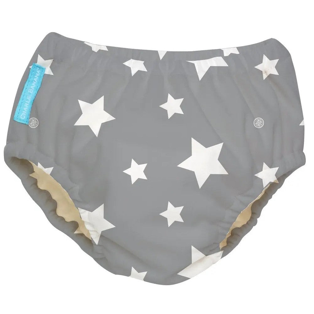 Qhouse Kids Charlie Banana 2-In-1 Swim Diaper & Training Pants Twinkle Little Star White, gray star print with elastic cuffs shown.