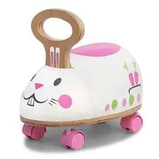QHOUSE KIDS Skipper Small Roller, bunny-themed white ride-on with pink wheels and ear-shaped handle