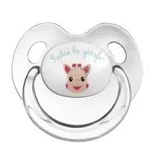 QHOUSE KIDS Sophie La Girafe 2-pack silicone pacifiers; white shield with giraffe graphic, curved handle visible