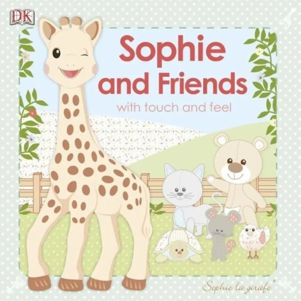 Qhouse Kids Sophie La Girafe book with pastel cover showing Sophie & friends and touch-and-feel textures.