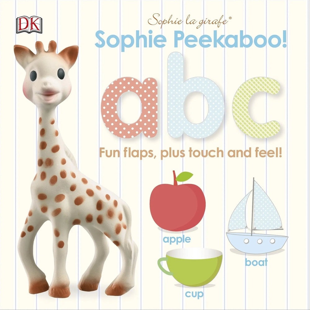 Qhouse Kids Sophie La Girafe Book cover with a friendly giraffe and pastel polka-dot ABC letters; DK logo visible.