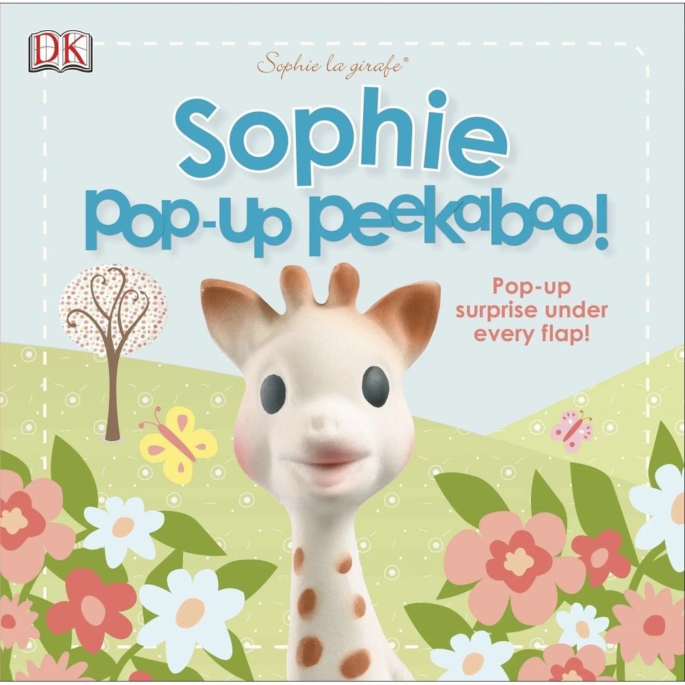 Qhouse Kids Sophie La Girafe Book cover shows a friendly giraffe amid colorful flowers with pop-up peekaboo text.