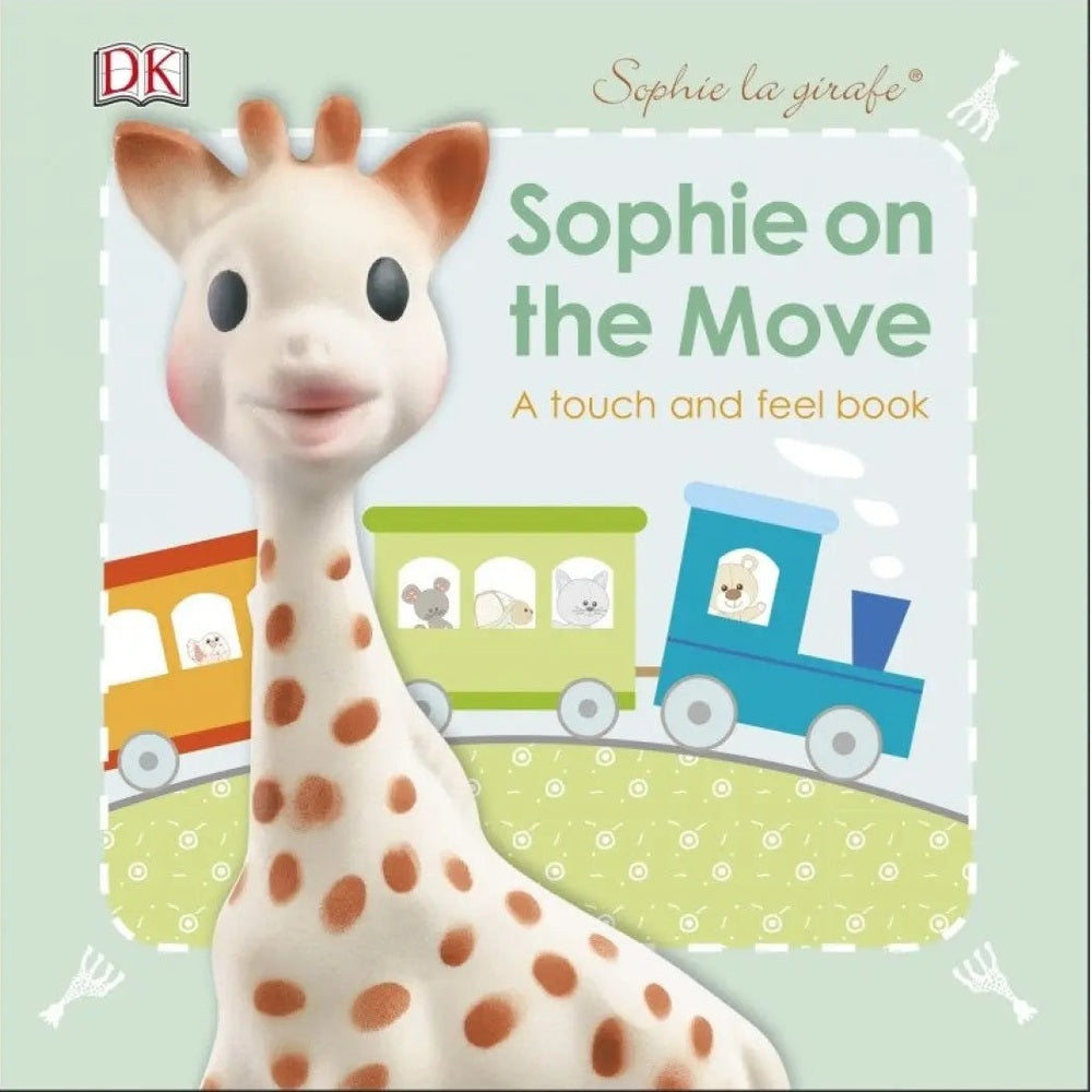 QHOUSE KIDS Sophie La Girafe Book: pastel touch-and-feel kids' book with a giraffe beside a colorful train.