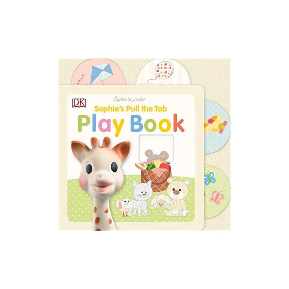 QHOUSE KIDS Sophie La Girafe Book with pull-tab; colorful animal illustrations inviting a child to pull the tab.