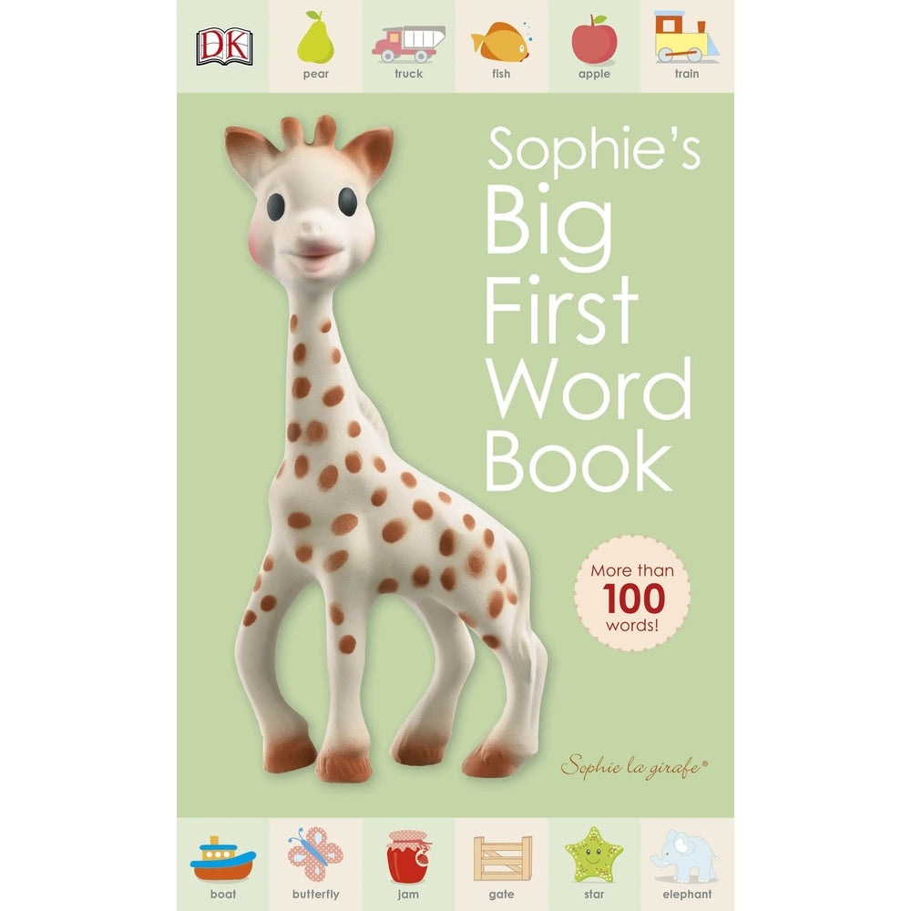 QHOUSE KIDS Sophie La Girafe Book on mint cover, featuring a tall giraffe figurine and 100+ words.