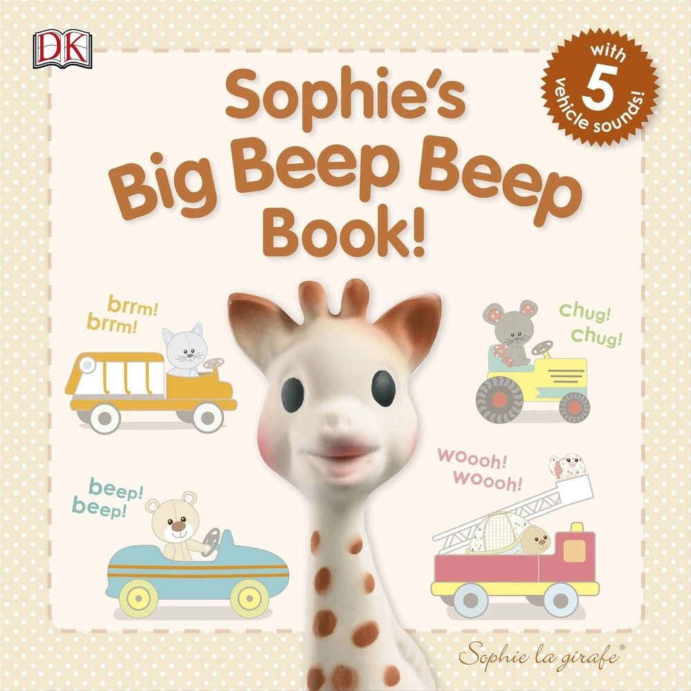 QHOUSE KIDS Sophie La Girafe Book cover shows Sophie the giraffe with colorful toy vehicles and playful sounds.