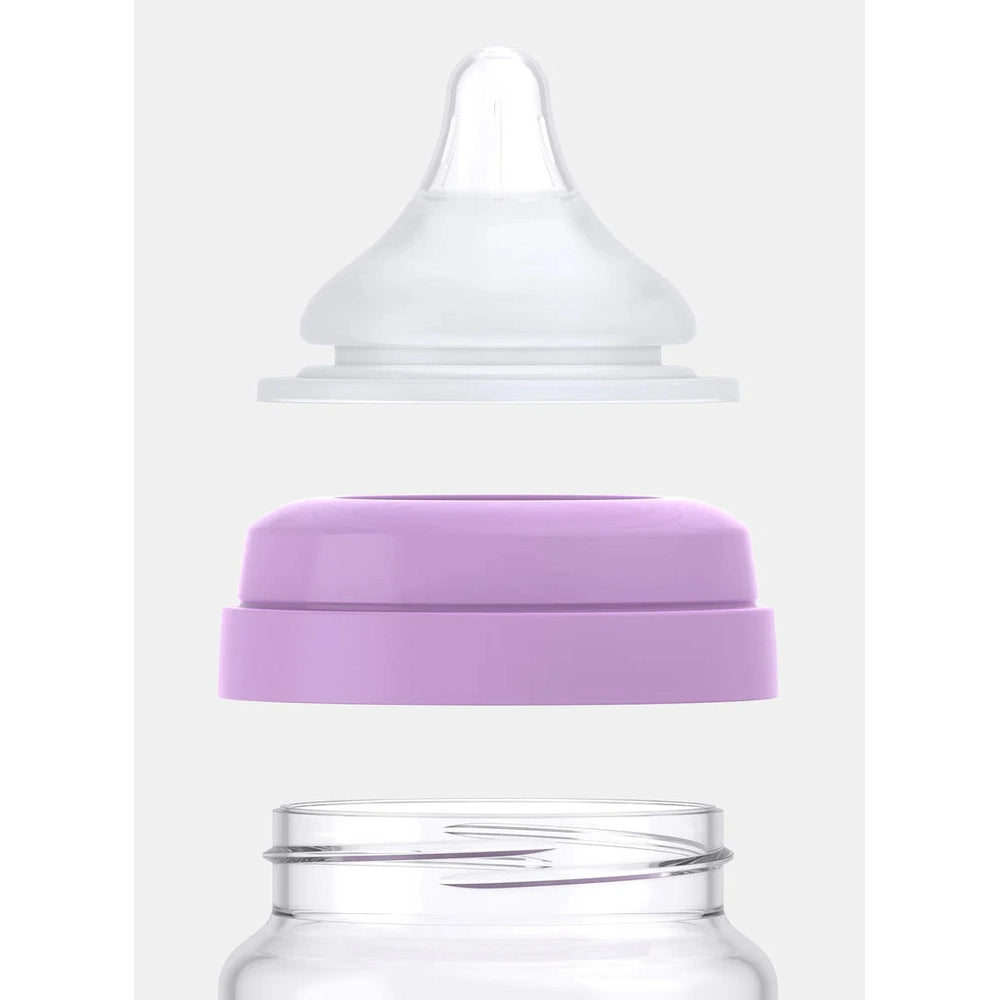 Quark Buubibottle Mini Hybrid Feeding Bottle 2 Pack with clear nipple and purple cap, ready for assembly.