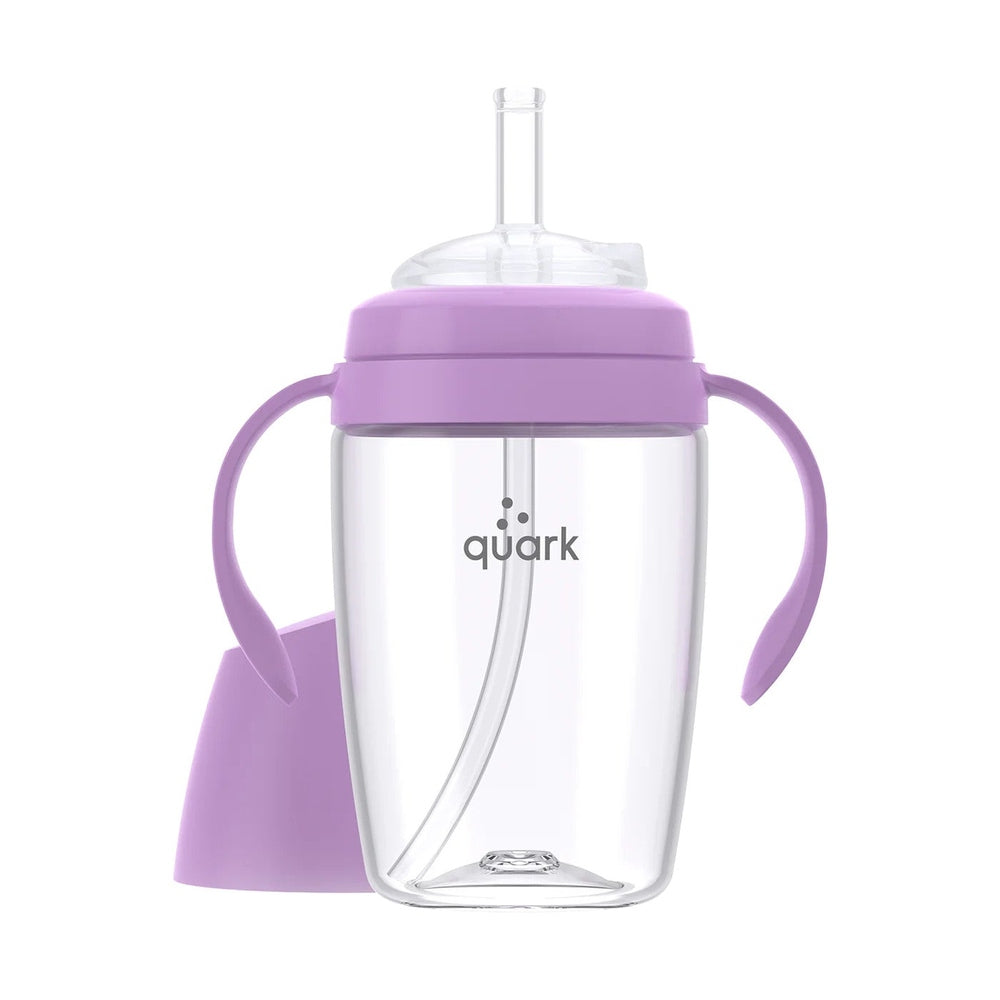 Quark Buubibottle Sip Toddler Sippy Cup with Straw, clear bottle, purple lid, side handles, straw visible for sipping
