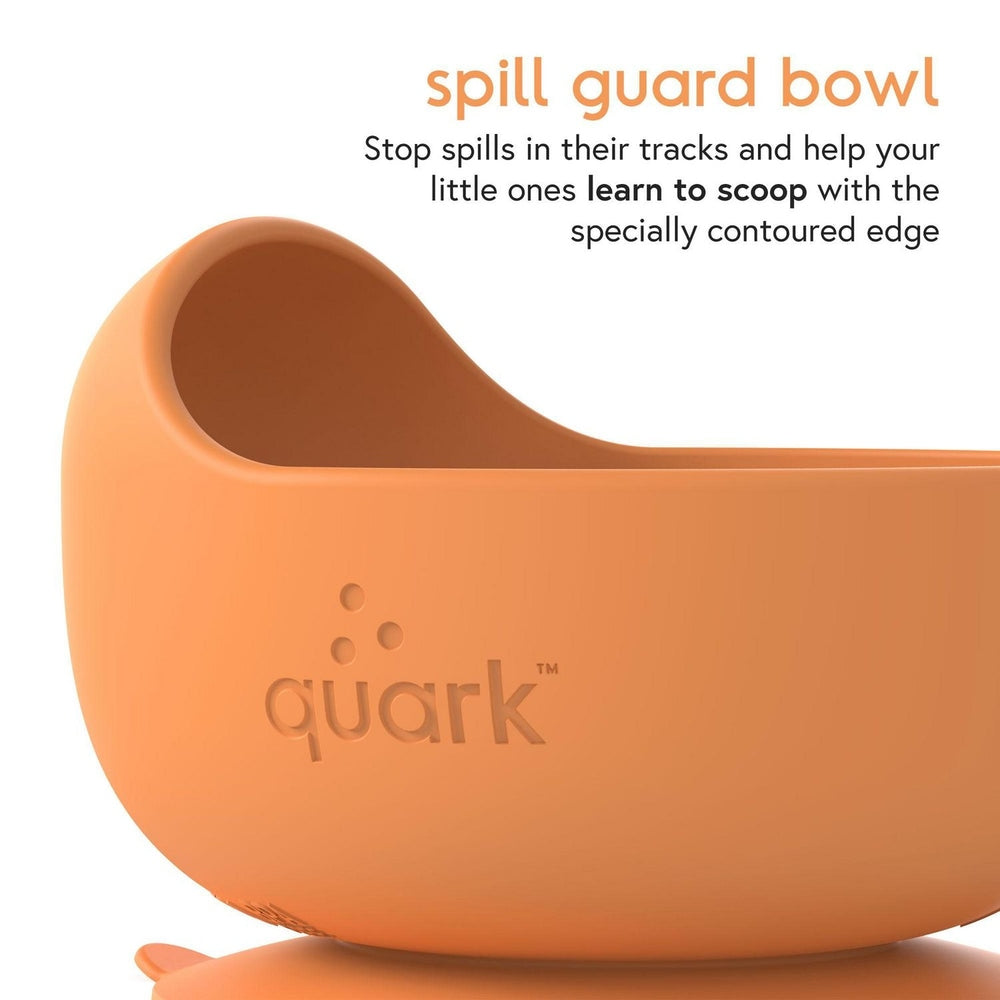 Quark Feedi silicone 5-piece baby feeding set with orange spill guard bowl