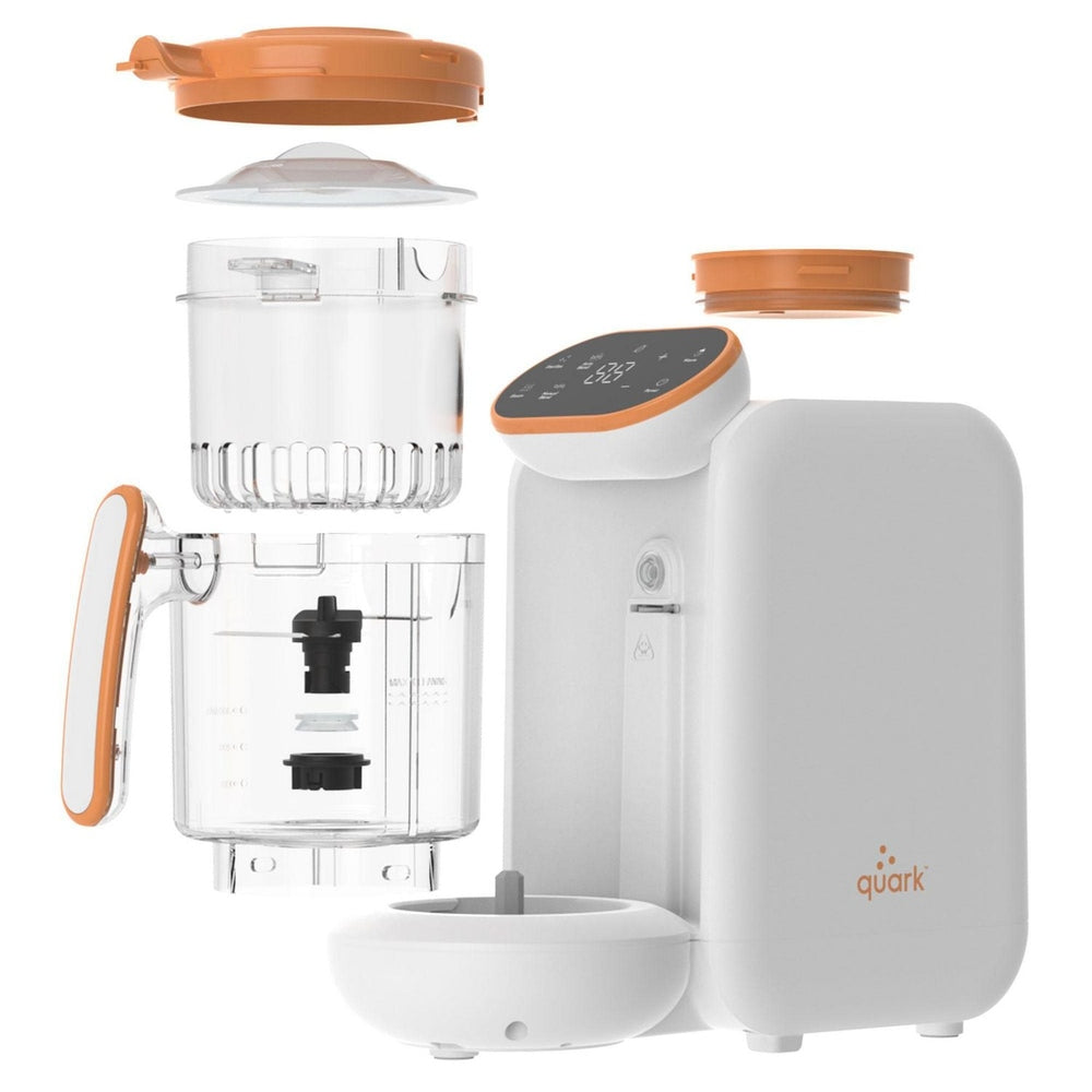 Quark Quook 5-in-1 baby food processor, white and orange, compact with detachable attachments