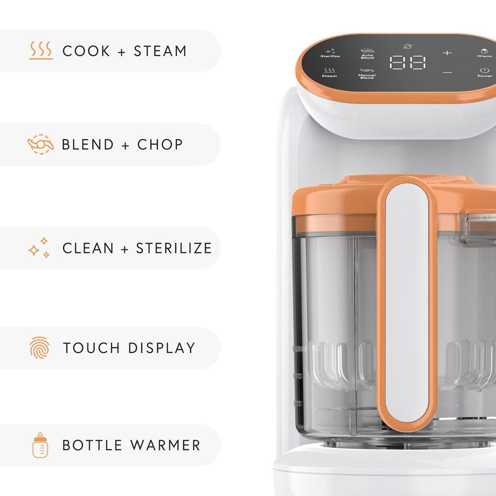Quark Quook 5-in-1 baby food processor, orange accents, touch display, QUARK brand.