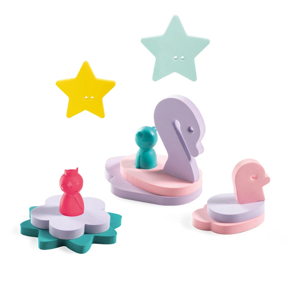 Quutopia Puzzle Friends wooden toy set with pastel star and flower platforms and tiny figures arranged on layered bases