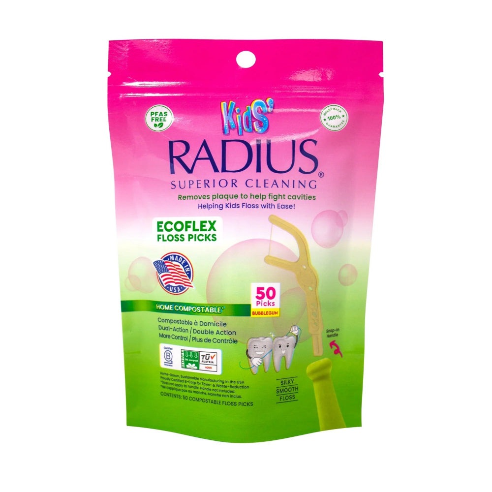 Radius Kids EcoFlex Floss Picks Bubble Gum in pink-green pouch; illustrated yellow floss pick ready to use.