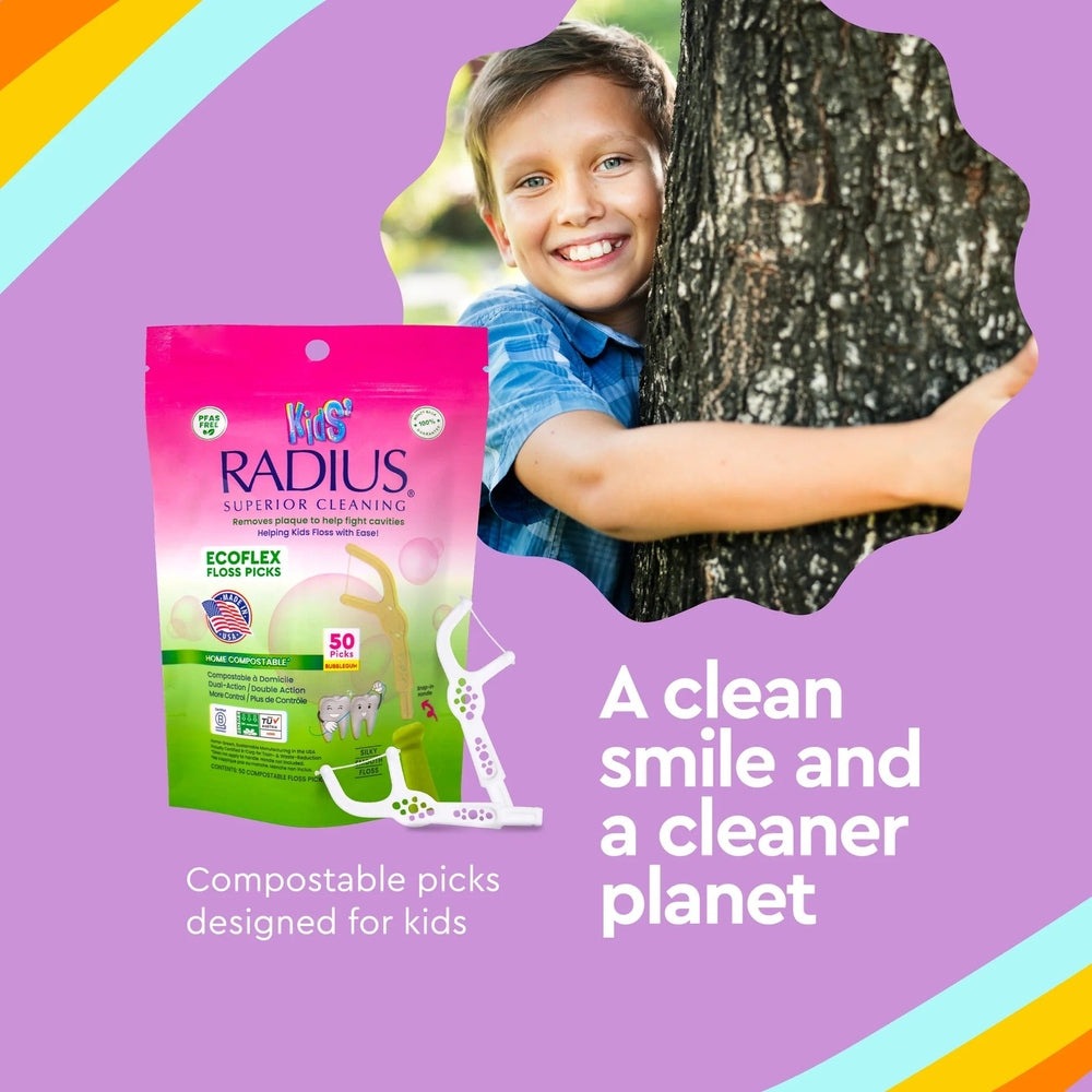 Radius EcoFlex Floss Picks Bubble Gum package beside a smiling kid hugging a tree, highlighting 50 compostable floss picks.