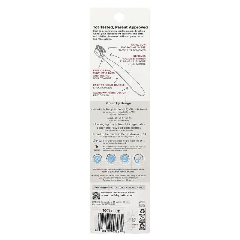Radius Totz Toothbrush 18+ months manual toothbrush with ergonomic handle, recyclable packaging
