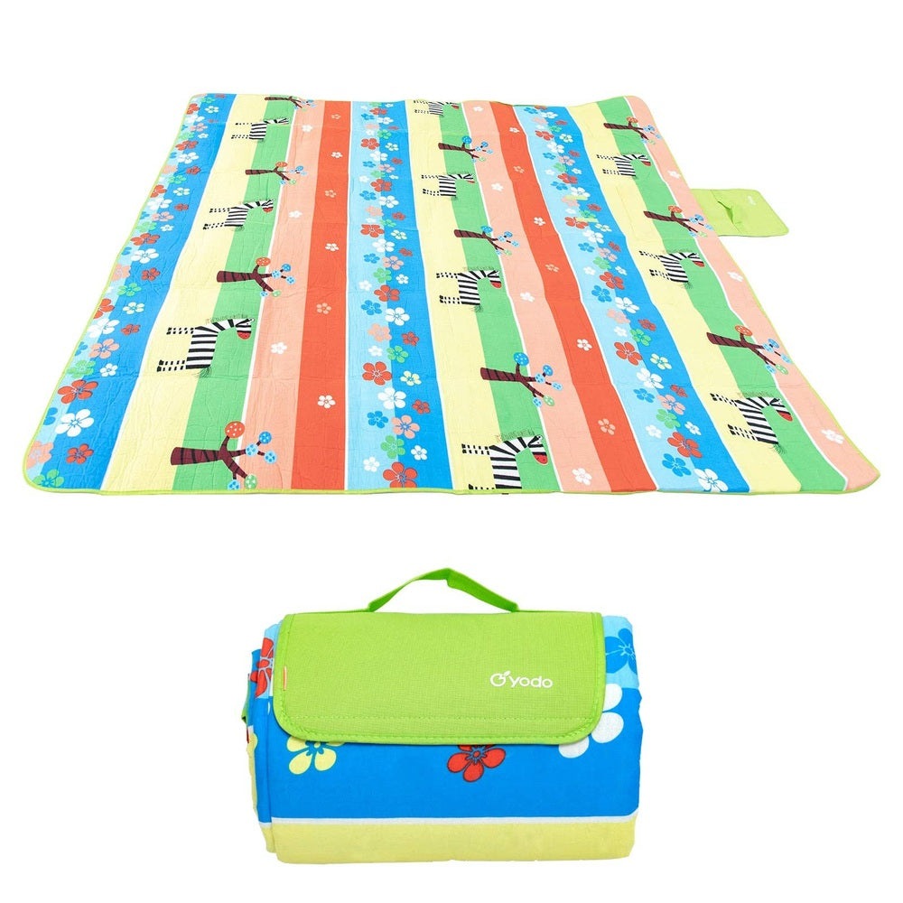 Ray Star 79x79 in blossom picnic blanket with colorful striped design; sandproof and waterproof, with matching green carry bag