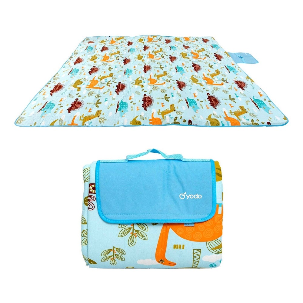Ray Star dinosaur picnic blanket 79x79 in, sandproof and waterproof, large beach mat with blue carry bag