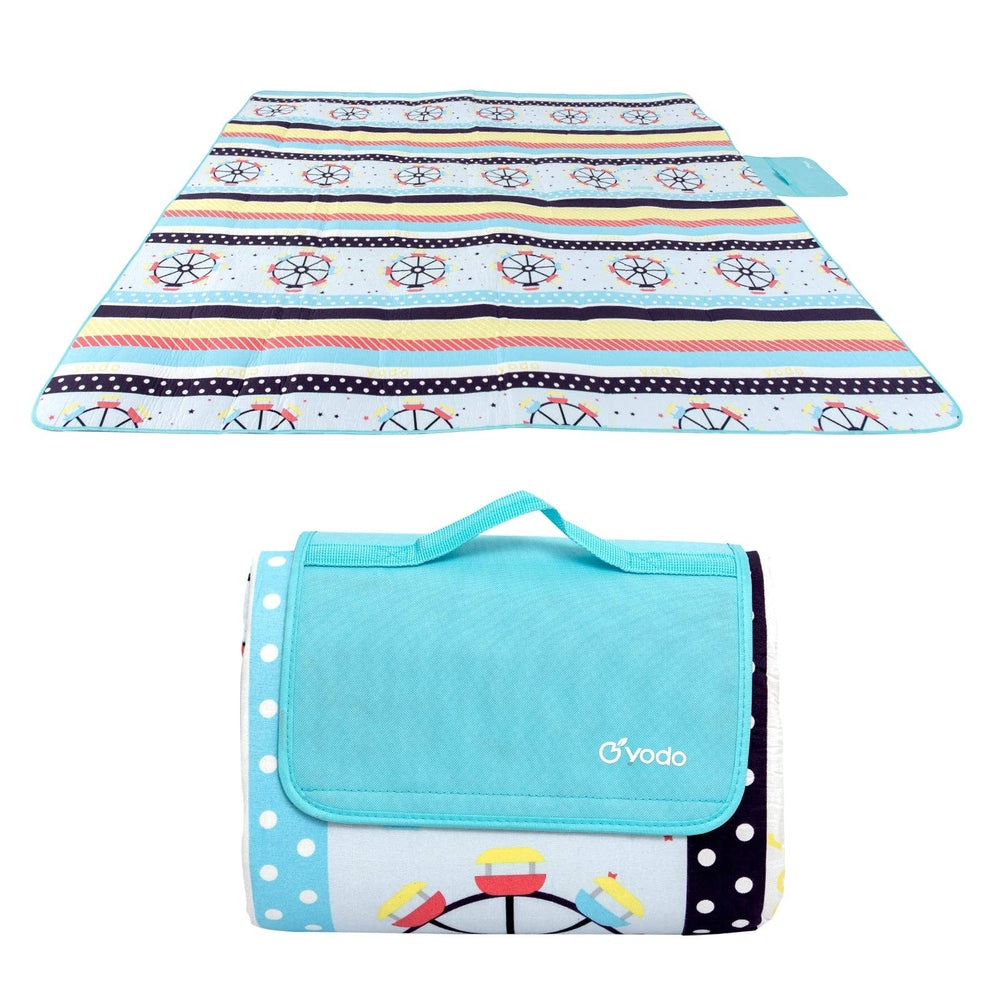 Ray Star Ferris Wheel picnic blanket 7979 in with blue border, sandproof waterproof beach mat + carry bag