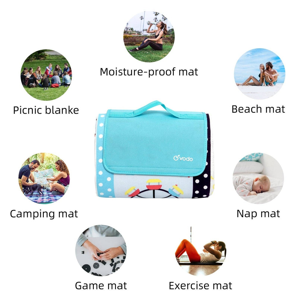 Ray Star Ferris Wheel picnic blanket 79x79 in; blue sandproof waterproof beach mat with handle
